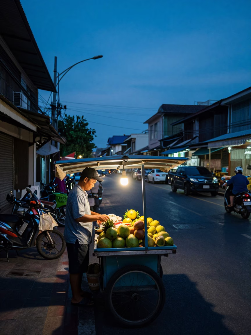 Busy Phuket Street Scene in Indigo Twilight with Local Vendor and Bicycle in in Phuket, Thailand