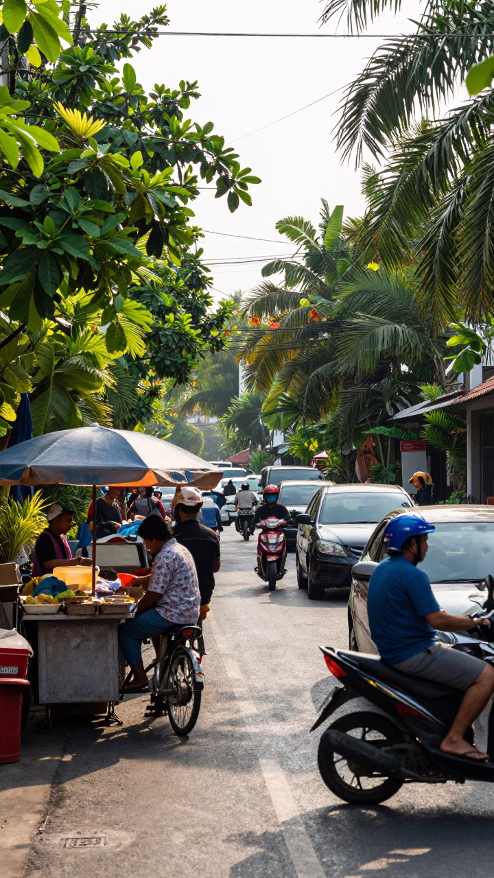 Busy Phuket Street Scene Late Morning with Local Vendor and Motorbikes in in Phuket, Thailand