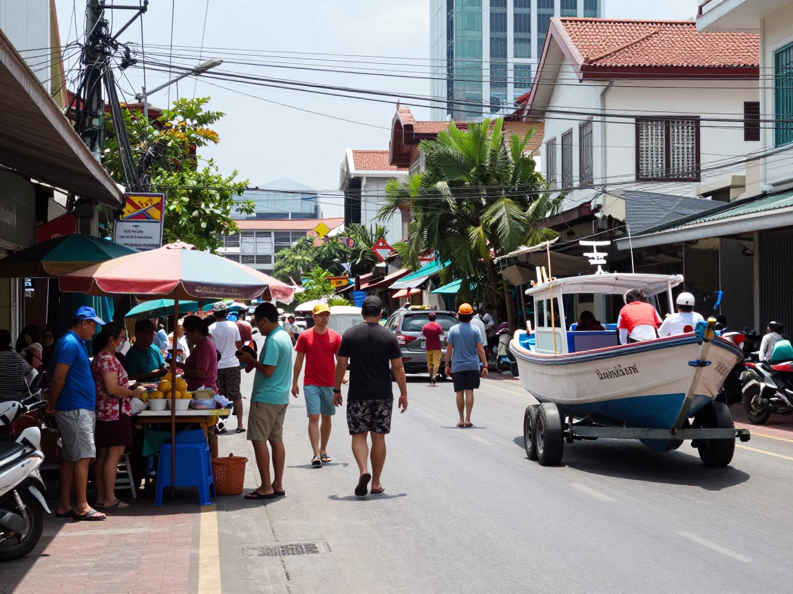 Busy Phuket Street Scene Under Harsh Noon Sun with Fishing Boat and Mug in in Phuket, Thailand