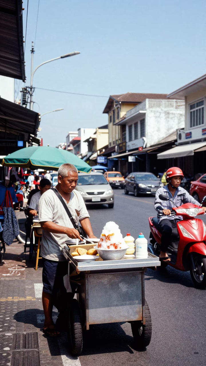 Busy Phuket Street Scene Under Noon Sun with Shaved Ice and Motorcycle in in Phuket, Thailand