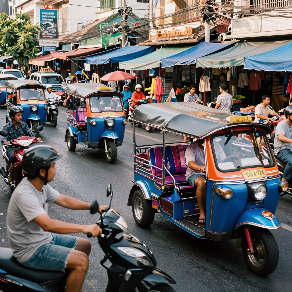Busy Phuket Street Scene with Auto-Rickshaw and Local Market Activity in in Phuket, Thailand