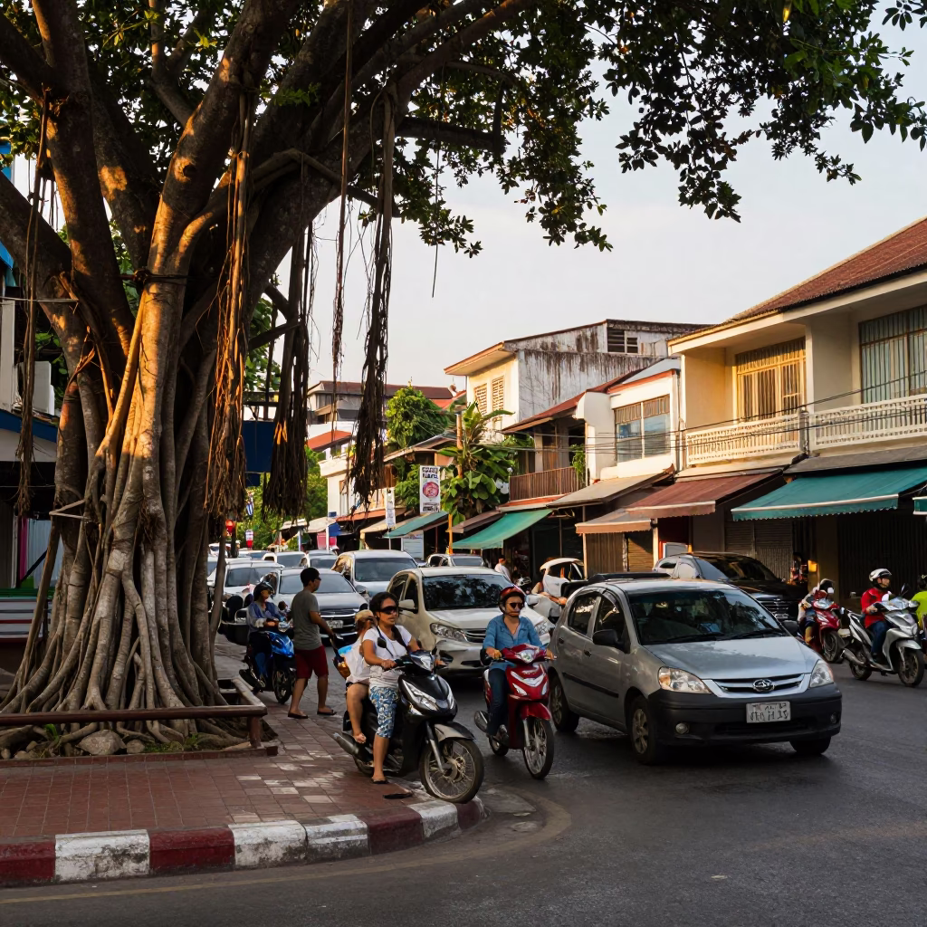 Busy Phuket street scene with banyan tree aerial roots in honeyed evening light in in Phuket, Thailand