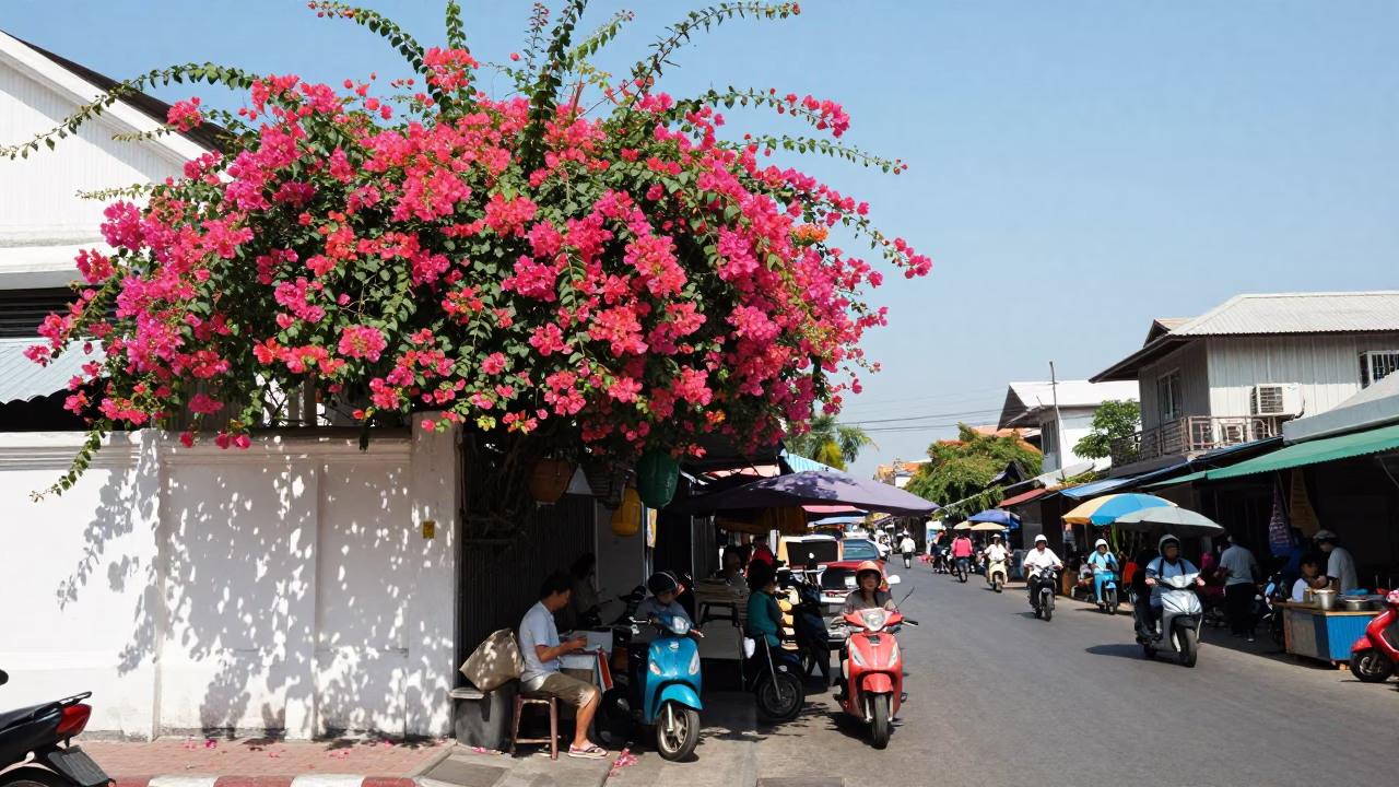 Busy Phuket Street Scene with Bougainvillea and Local Market Activity in Bright Midmorning Light in in Phuket, Thailand