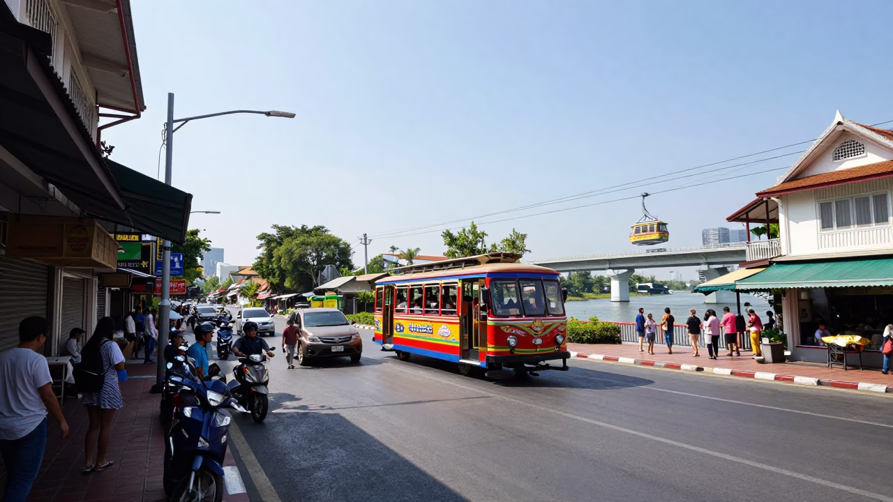 Busy Phuket Street Scene with Cable Car and Local Market Activity in Midmorning Light in in Phuket, Thailand