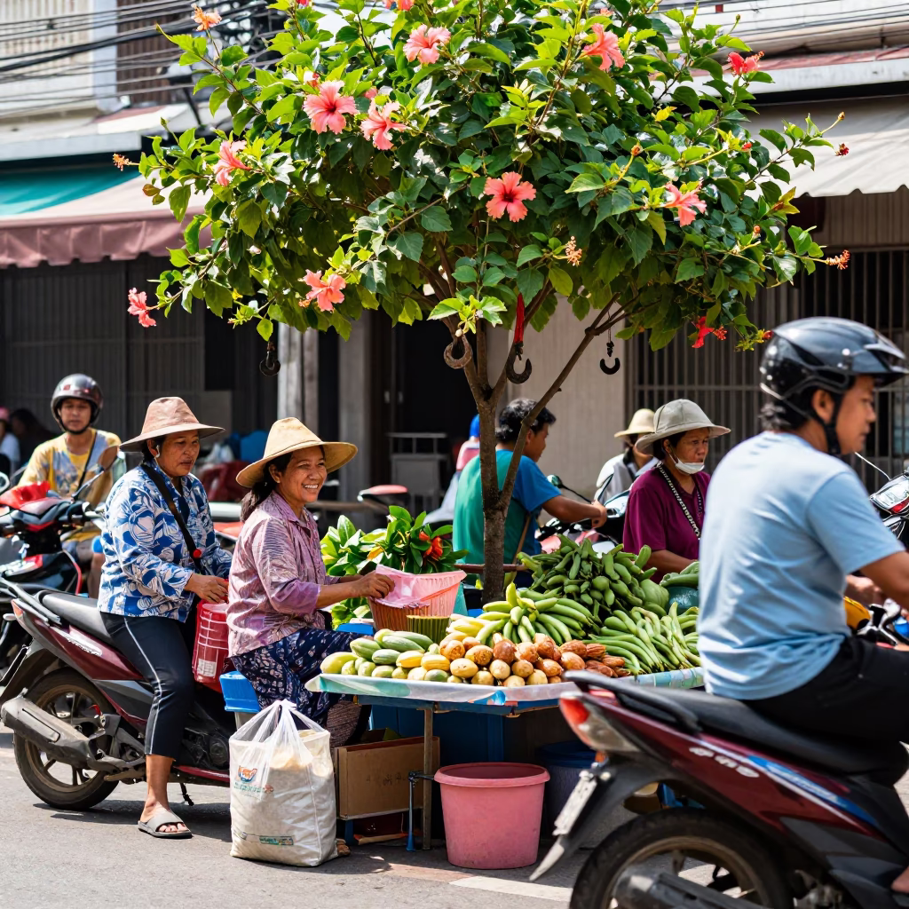 Busy Phuket Street Scene with Hibiscus and Iron Hook in Midmorning Light in in Phuket, Thailand