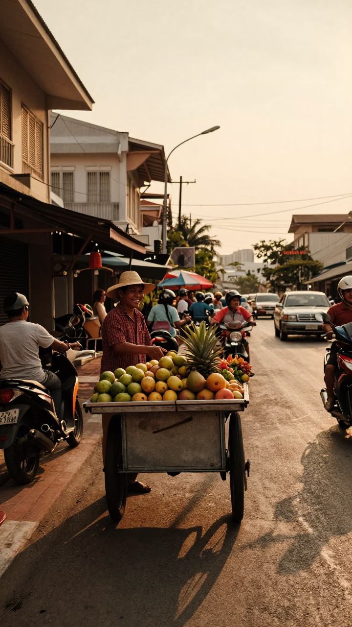 Busy Phuket Street Scene with Vintage 1950s Charm and Local Life in in Phuket, Thailand