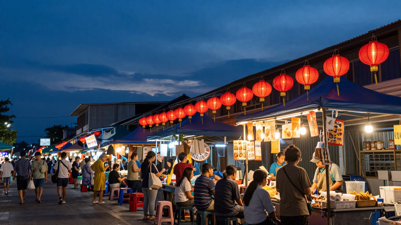 Busy Phuket Street Stall in Indigo Twilight with Paper Lanterns and Postcards in in Phuket, Thailand
