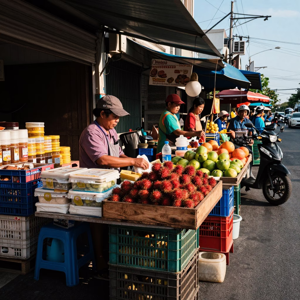 Busy Phuket Street Stall with Fruit Crate and Local Vendor in Early Afternoon Light in in Phuket, Thailand