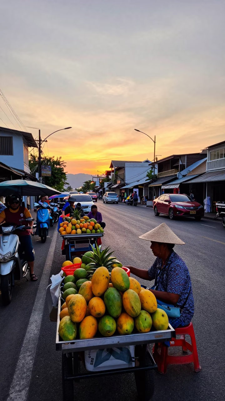 Busy Phuket Street Sunset Scene with Local Vendor and Blue Porcelain Plate in in Phuket, Thailand