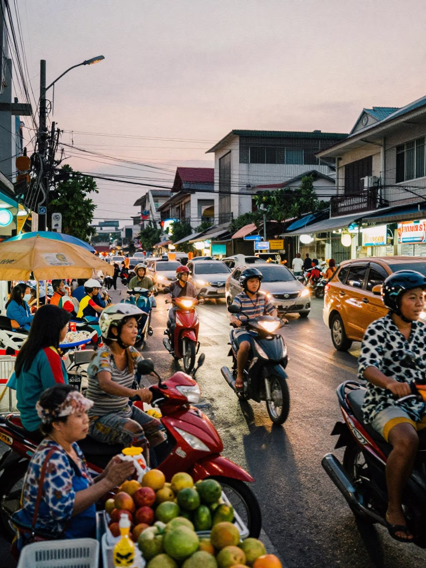 Busy Phuket Thailand Street Scene Early Evening Local Life and Activity in in Phuket, Thailand