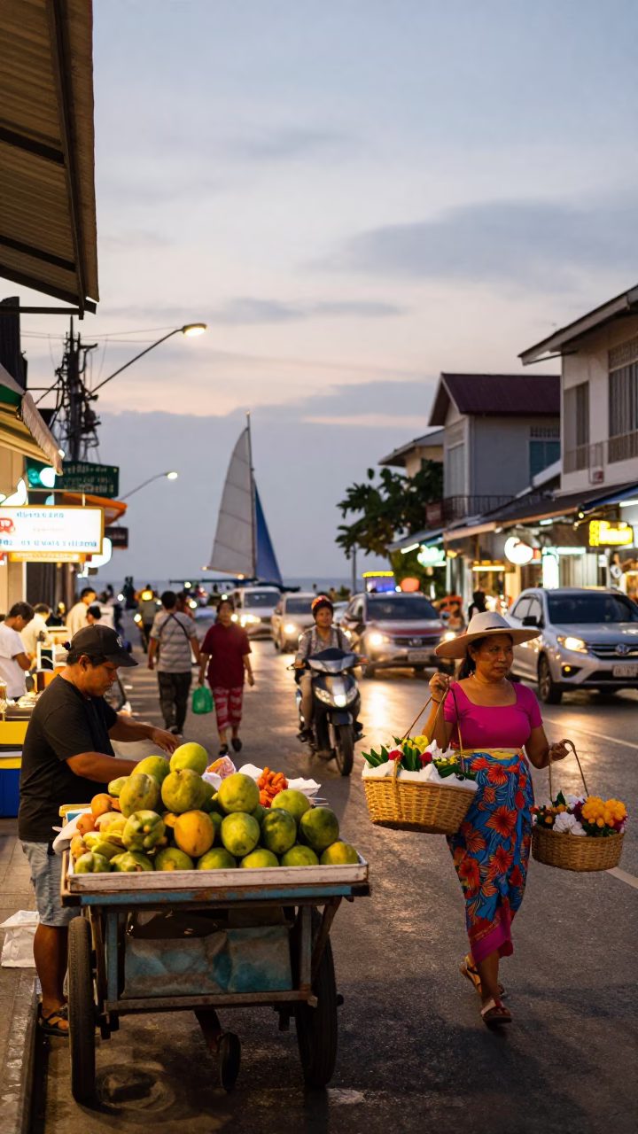 Busy Phuket Thailand Street Scene Early Evening with Sailboat and Local Life in in Phuket, Thailand