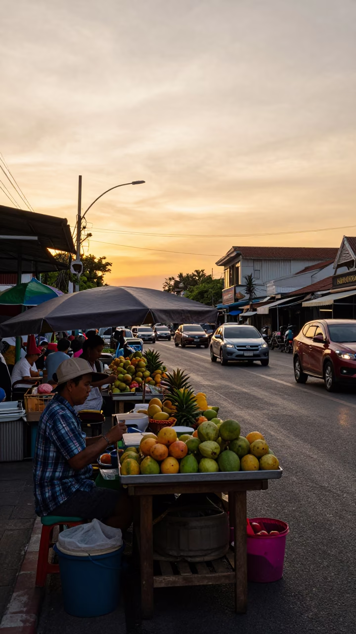 Busy Phuket Thailand Sunset Street Scene with Local Vendor and Wicker Details in in Phuket, Thailand