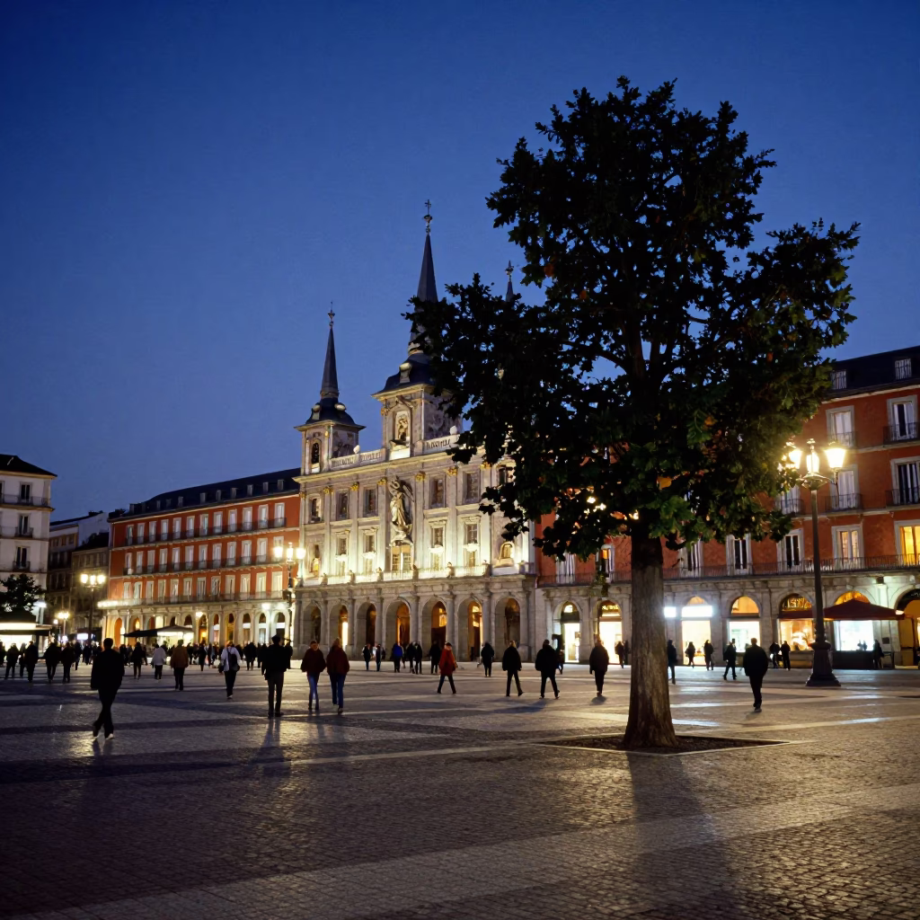 Busy Plaza in Madrid at Nautical Dawn Light in in Madrid, Spain