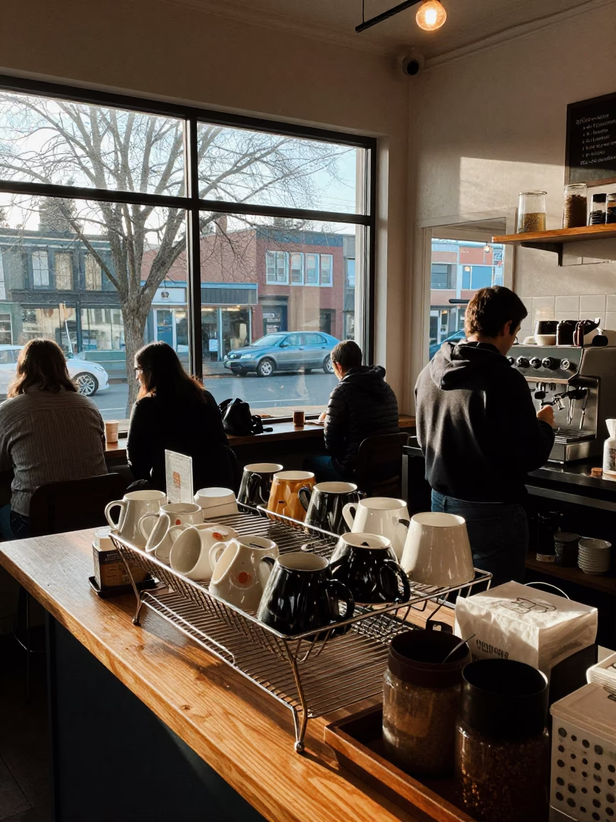 Busy Portland Coffee Shop Morning with Drying Rack and Local Interaction in in Portland, Oregon, United States