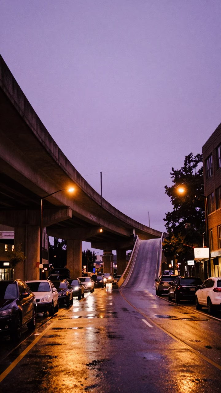 Busy Portland Oregon Blue Hour Street Scene with Overpass and Local Life in in Portland, Oregon, United States
