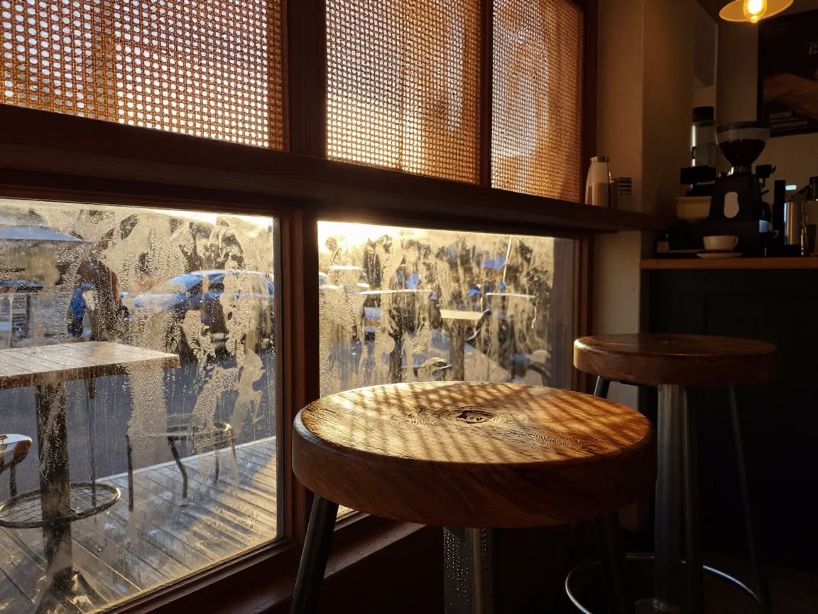 Busy Portland Oregon Coffee Shop Interior with Condensation and Natural Light at Sunset in in Portland, Oregon, United States