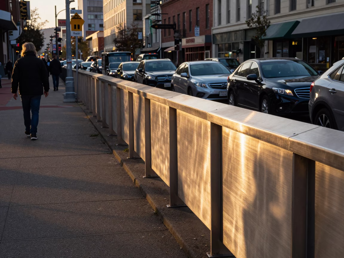 Busy Portland Oregon Evening Street Scene with Brushed Steel Rail and Urban Life in in Portland, Oregon, United States