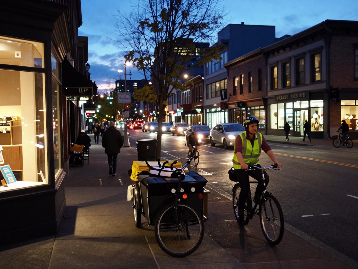 Busy Portland Oregon Evening Street Scene with City Lights and Local Shop Details in in Portland, Oregon, United States