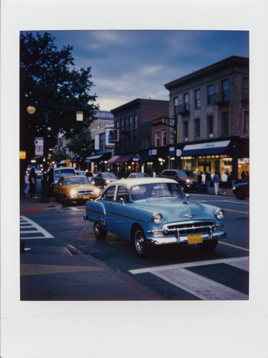 Busy Portland Oregon Evening Street Scene with Vintage Car and City Lights in in Portland, Oregon, United States