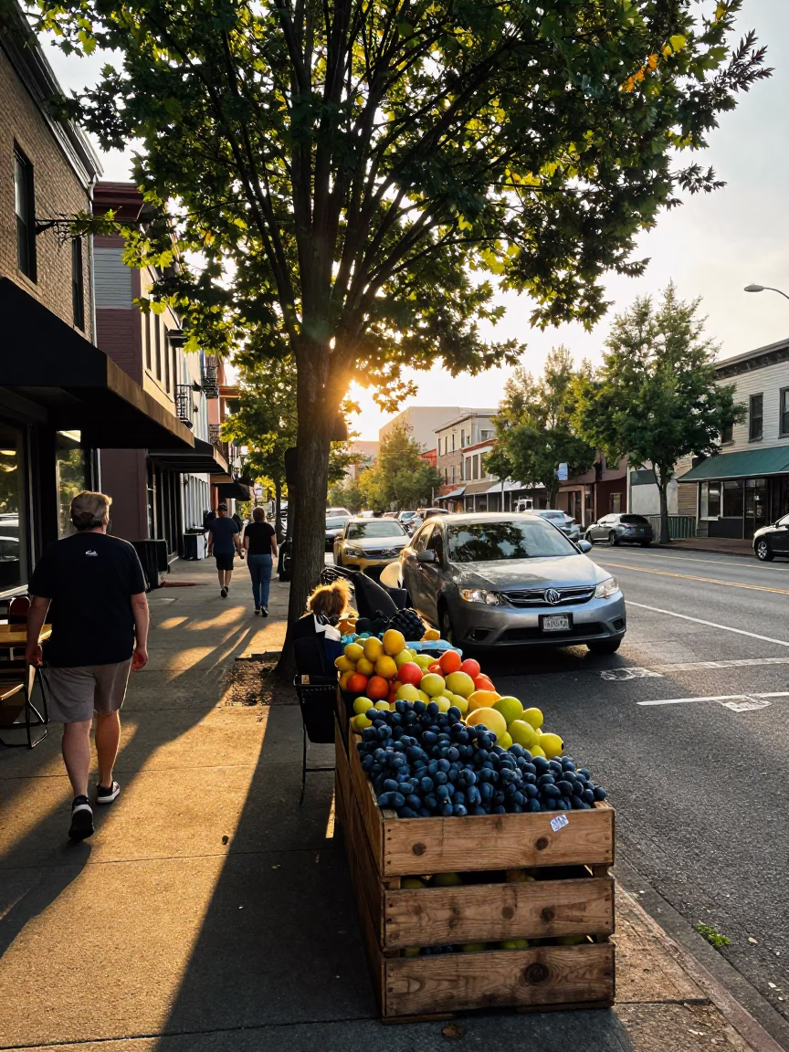 Busy Portland Oregon Late Afternoon Street Scene with Fruit Crate and Mug in in Portland, Oregon, United States