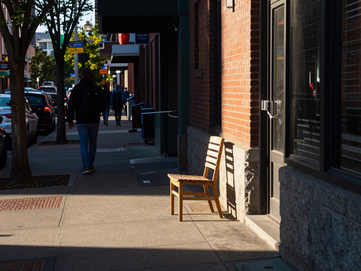 Busy Portland Oregon Late Morning Street Scene with Chair and Metal Bucket in in Portland, Oregon, United States