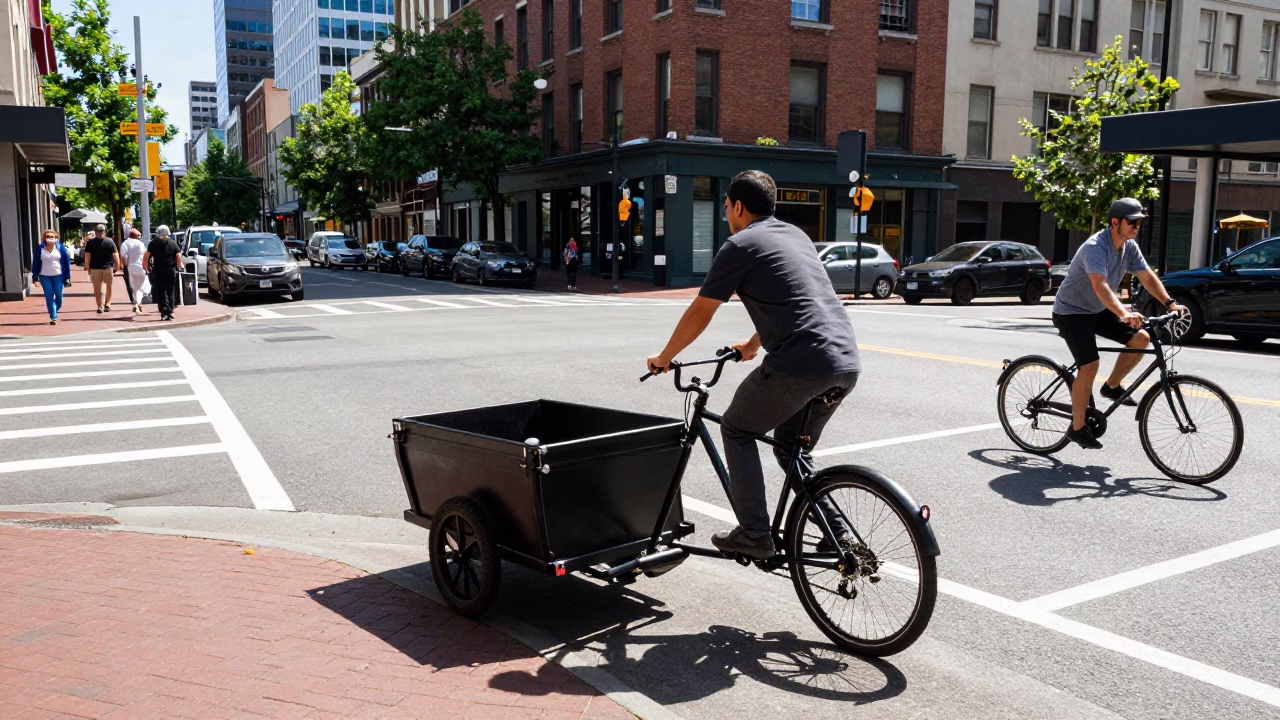 Busy Portland Oregon Midday Street Scene with Cargo Bicycle and Caster Wheel in in Portland, Oregon, United States