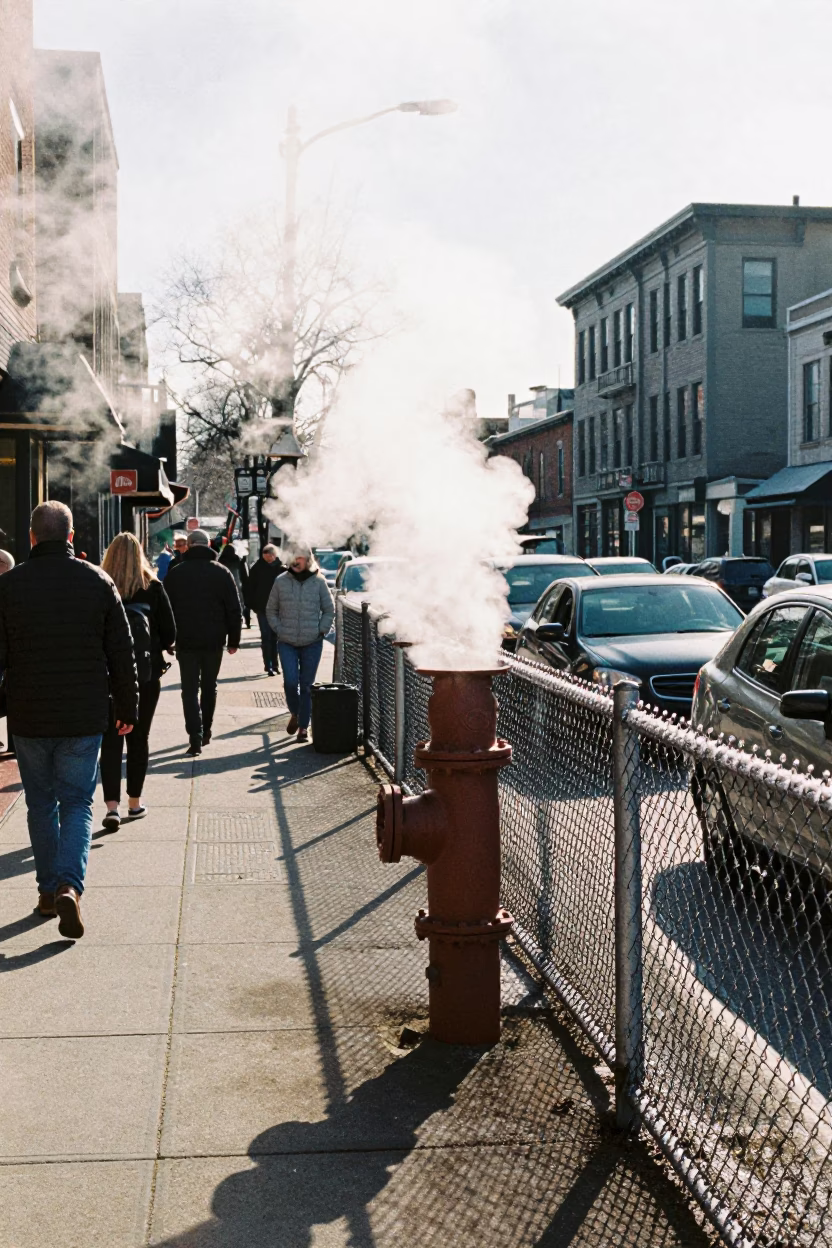 Busy Portland Oregon Midday Street Scene with Steam Pipes and Wicker Shadows in in Portland, Oregon, United States