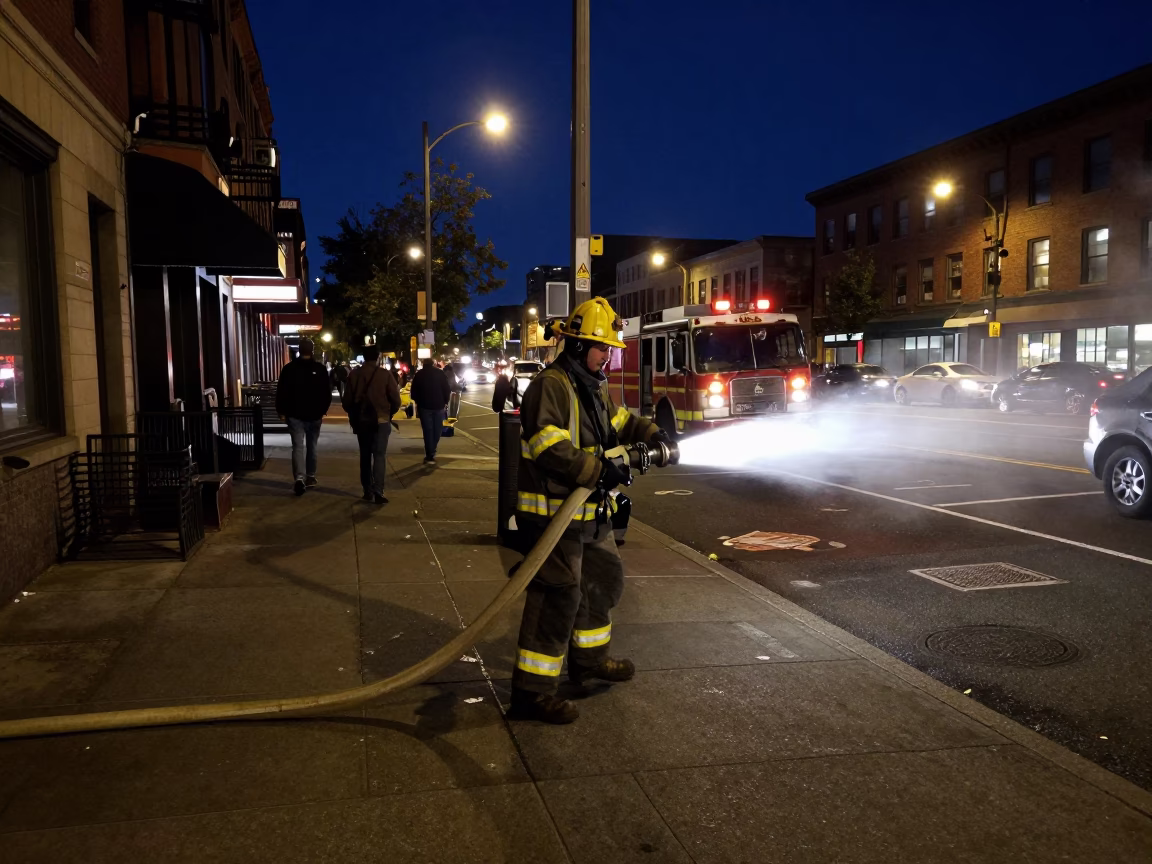 Busy Portland Oregon Night Street Scene with Hose Nozzle and Urban Details in in Portland, Oregon, United States