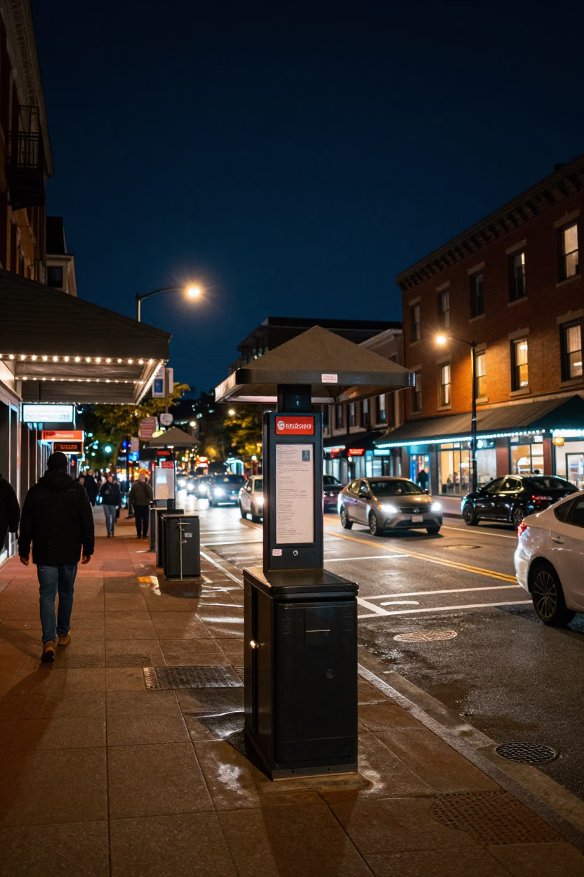 Busy Portland Oregon Night Street Scene with Valet Stand and City Lights in in Portland, Oregon, United States