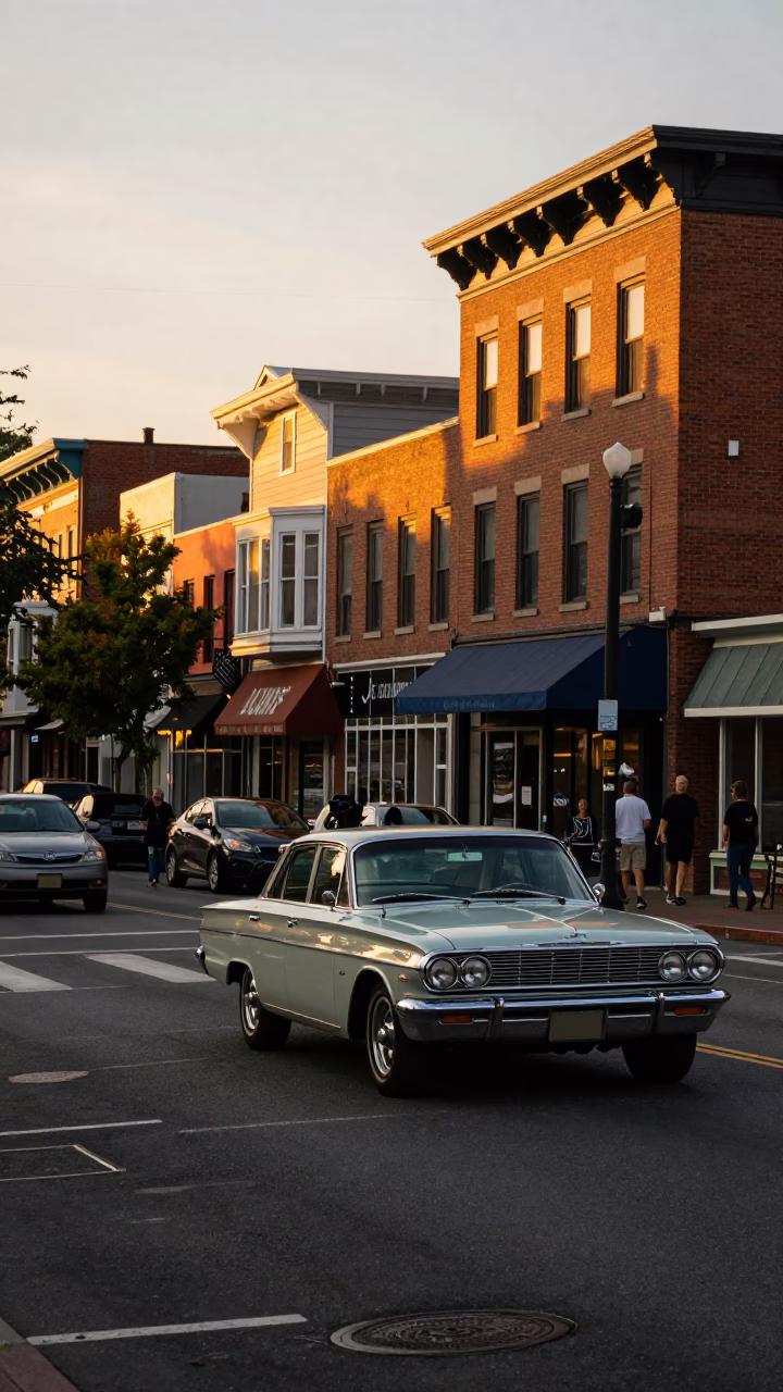 Busy Portland Oregon Street Corner in Honeyed Evening Light with Vintage Details in in Portland, Oregon, United States