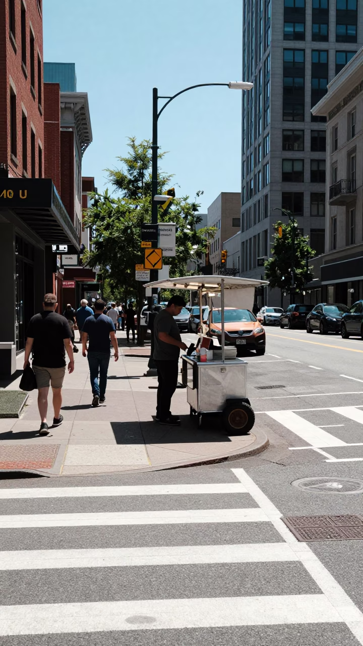 Busy Portland Oregon Street Corner Scene Under Flat Noon Glare with Local Commerce in in Portland, Oregon, United States