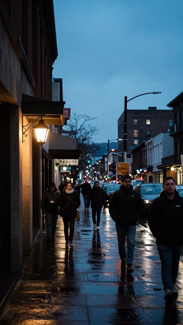 Busy Portland Oregon Street Scene at Blue Hour with Lantern Light and Urban Details in in Portland, Oregon, United States