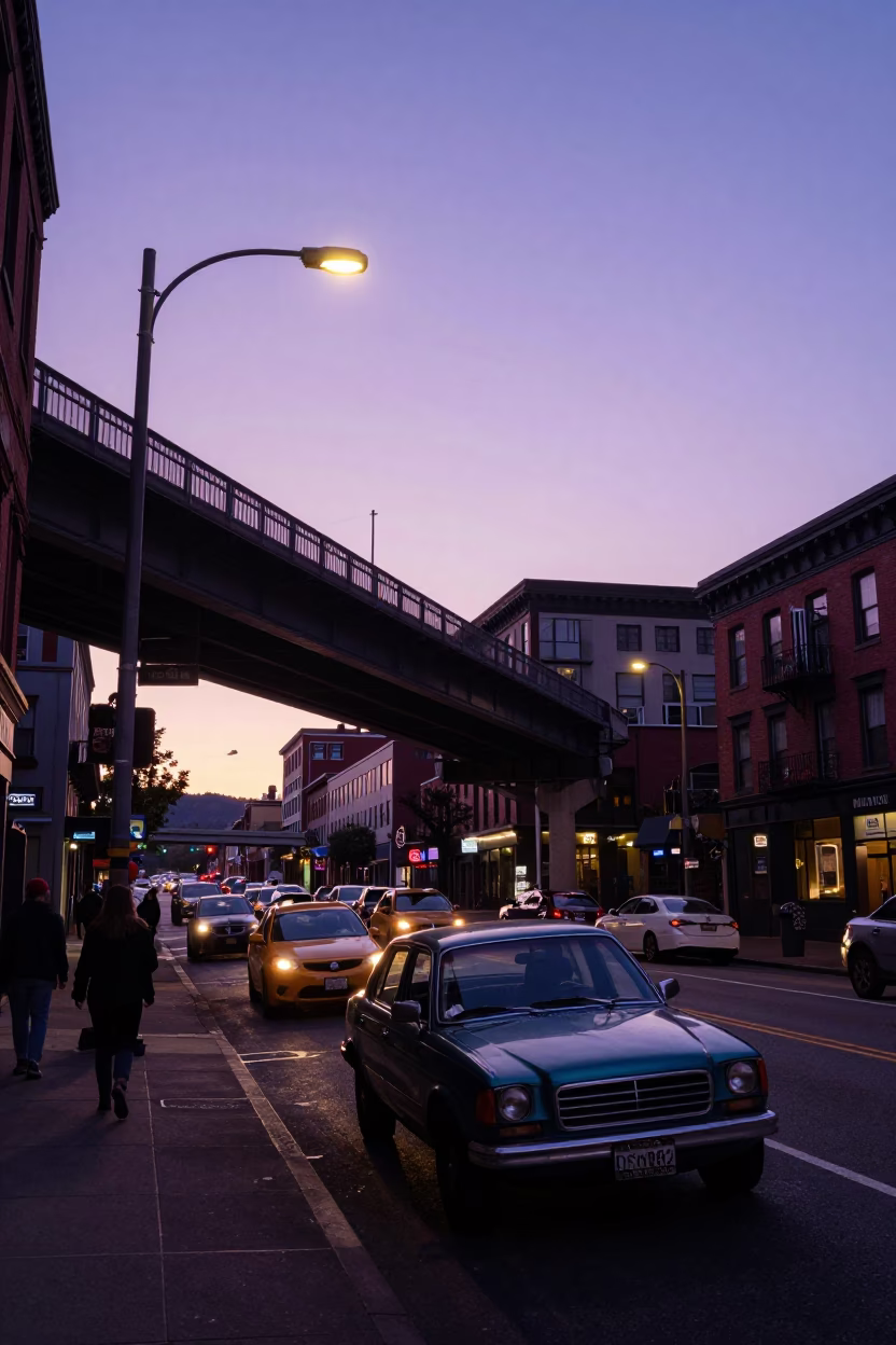 Busy Portland Oregon Street Scene at Dawn with Vintage Car and Overpass in in Portland, Oregon, United States