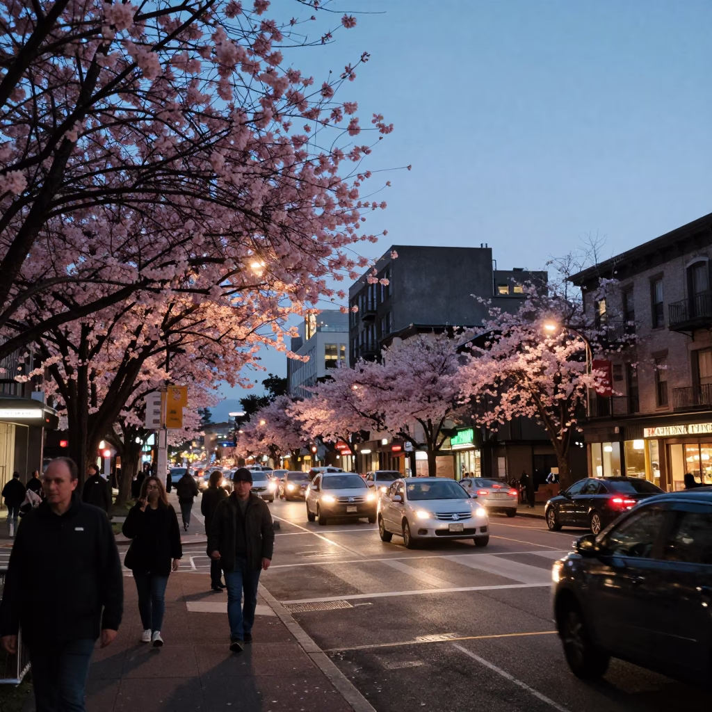 Busy Portland Oregon Street Scene at Dusk with Cherry Blossoms and City Lights in in Portland, Oregon, United States