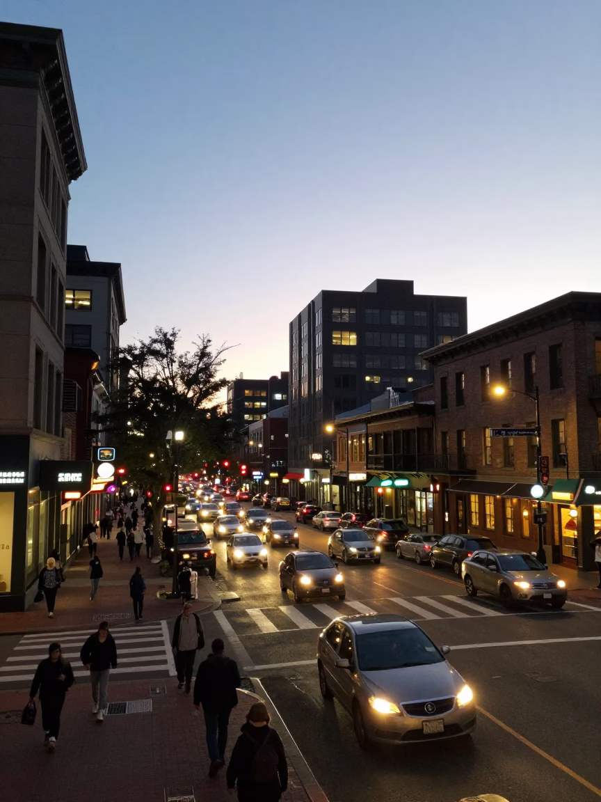Busy Portland Oregon Street Scene at Dusk with City Lights and Urban Activity in in Portland, Oregon, United States