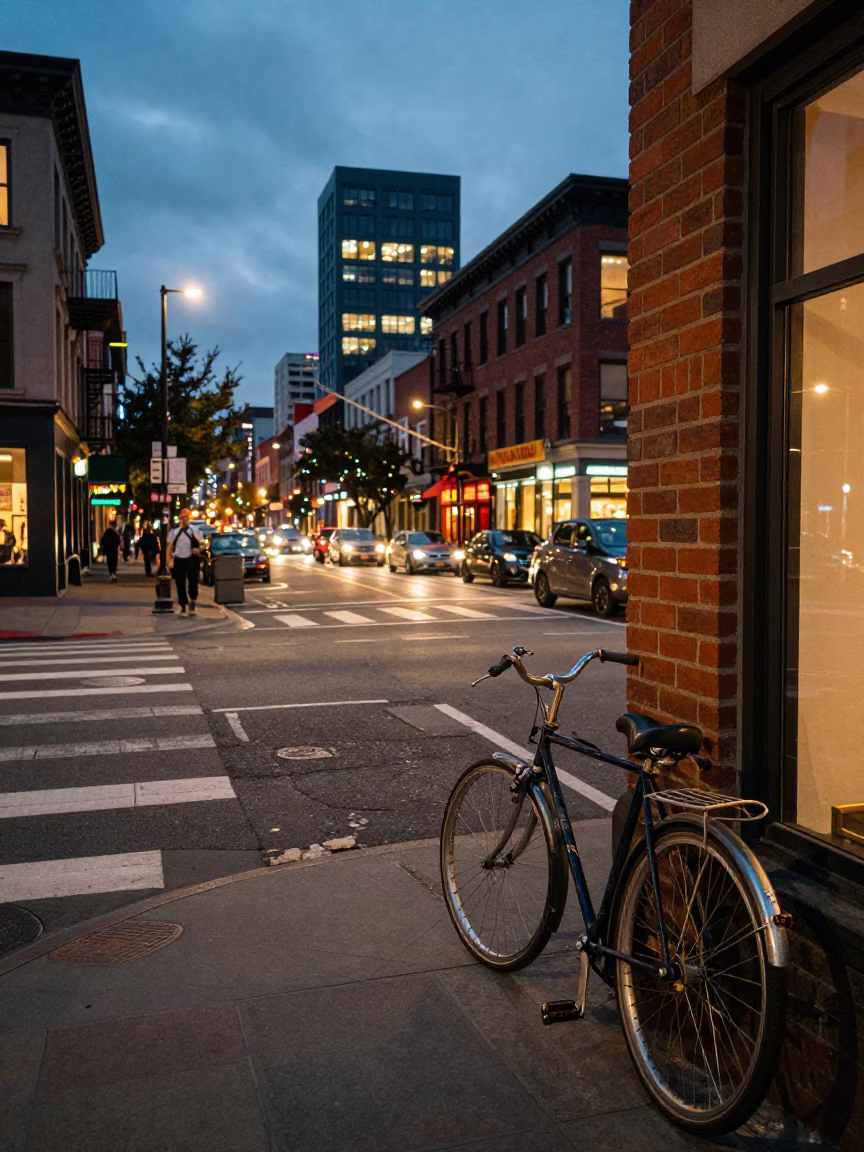 Busy Portland Oregon Street Scene at Dusk with Vintage Bicycle and City Lights in in Portland, Oregon, United States