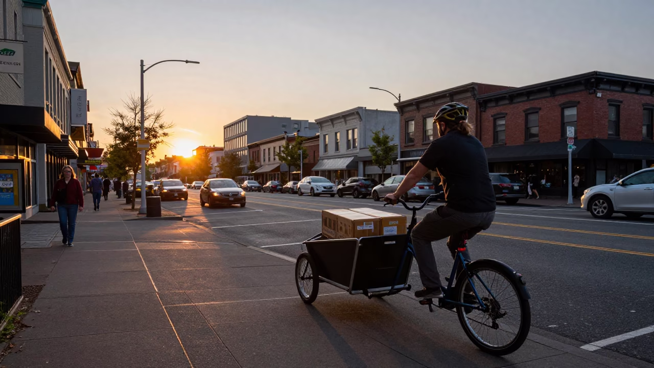 Busy Portland Oregon Street Scene at Sunset with Cargo Bicycle and Urban Life in in Portland, Oregon, United States