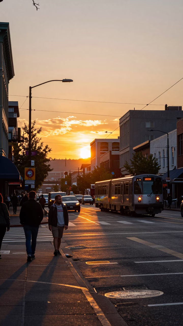 Busy Portland Oregon Street Scene at Sunset with Commuter Train Crossing Bridge in in Portland, Oregon, United States