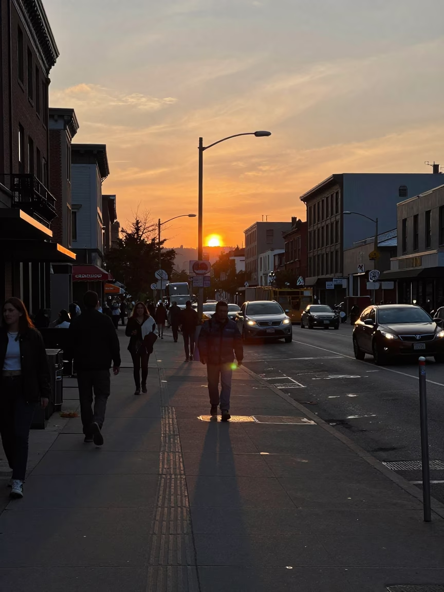 Busy Portland Oregon Street Scene at Sunset with Construction and Local Life in in Portland, Oregon, United States