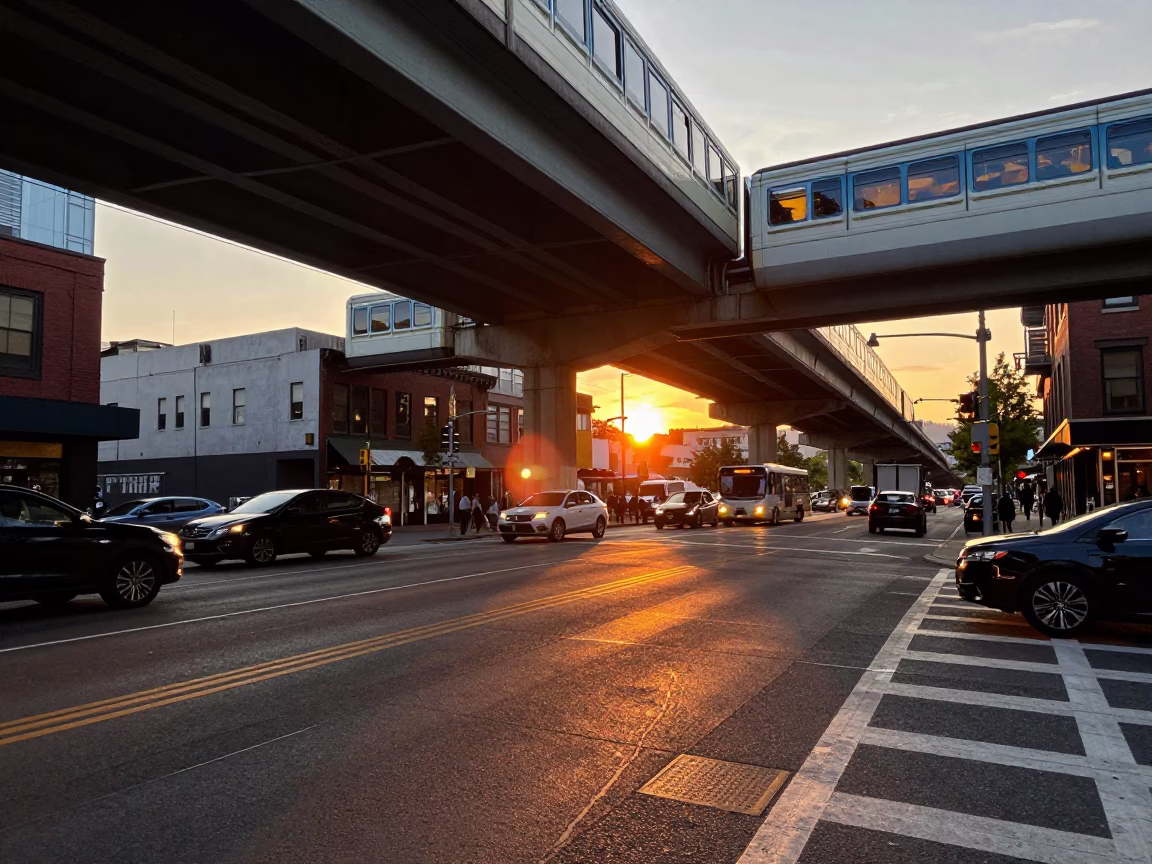 Busy Portland Oregon Street Scene at Sunset with Monorail Reflection and Local Pedestrians in in Portland, Oregon, United States