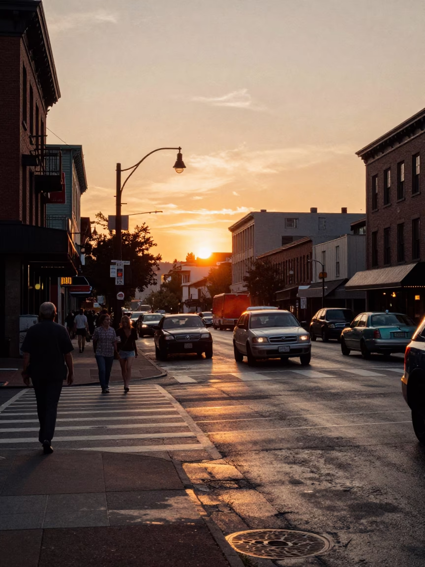 Busy Portland Oregon Street Scene at Sunset with Vintage 1960s Atmosphere in in Portland, Oregon, United States