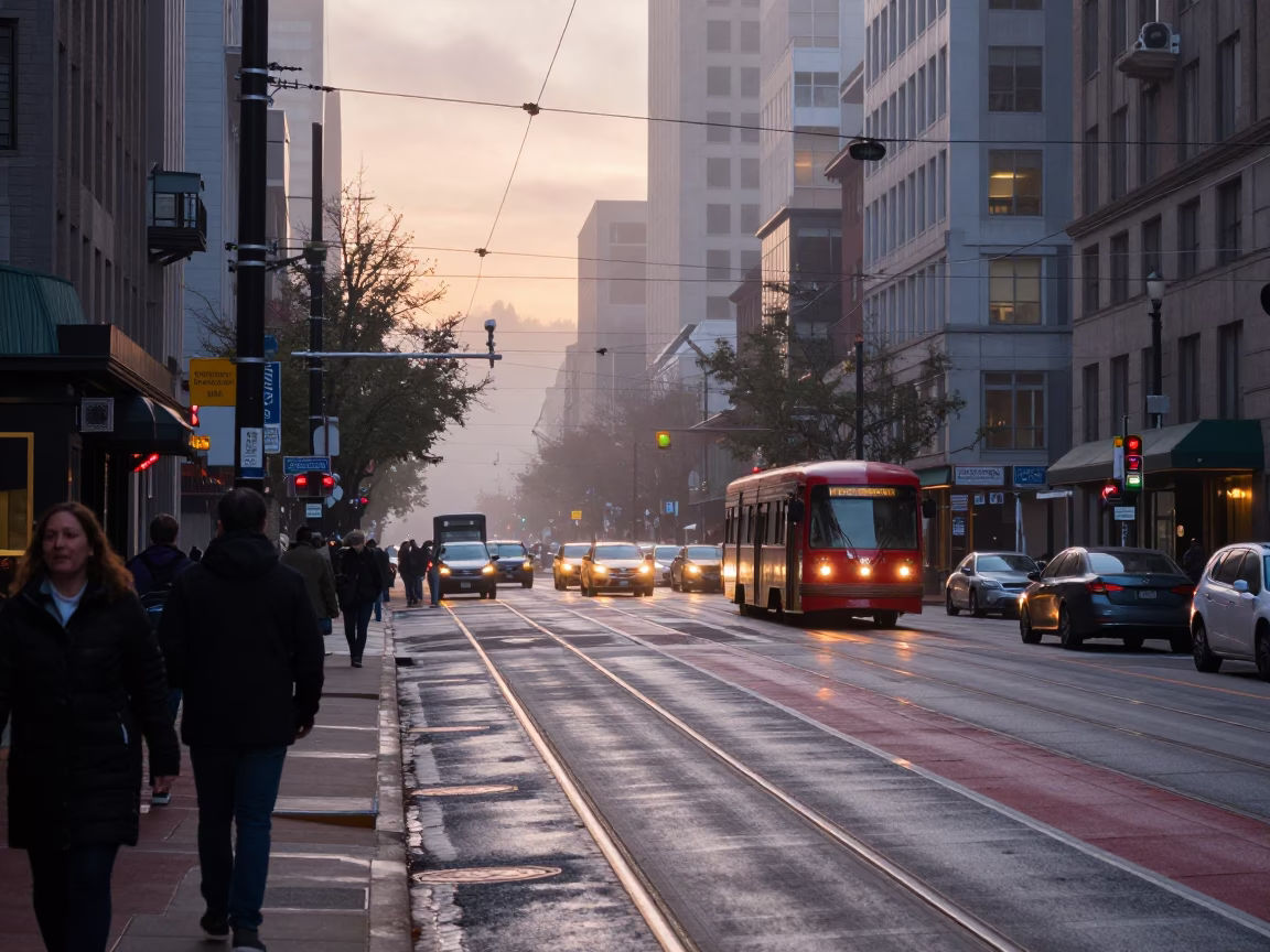 Busy Portland Oregon Street Scene Before Dawn With Commuters And Local Transit in in Portland, Oregon, United States