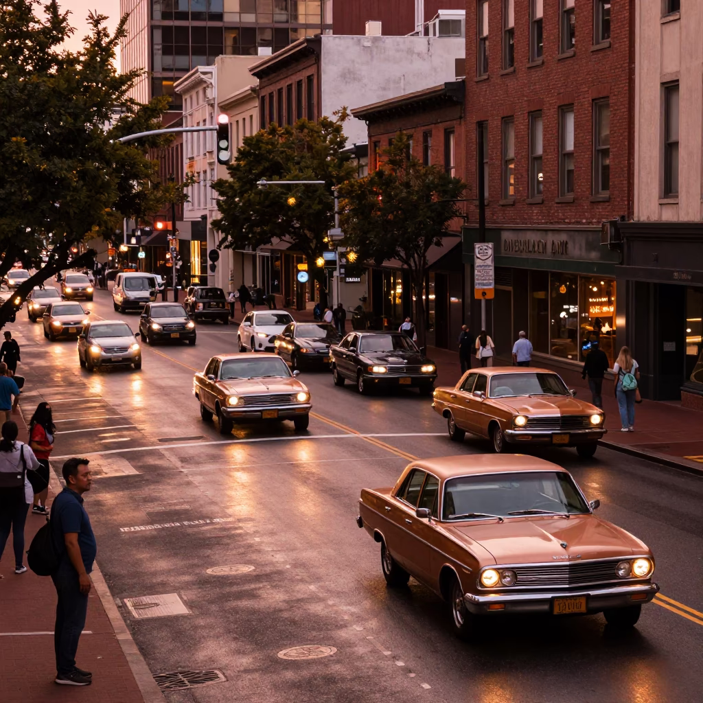 Busy Portland Oregon Street Scene Before Dusk with Vintage Cars and City Lights in in Portland, Oregon, United States