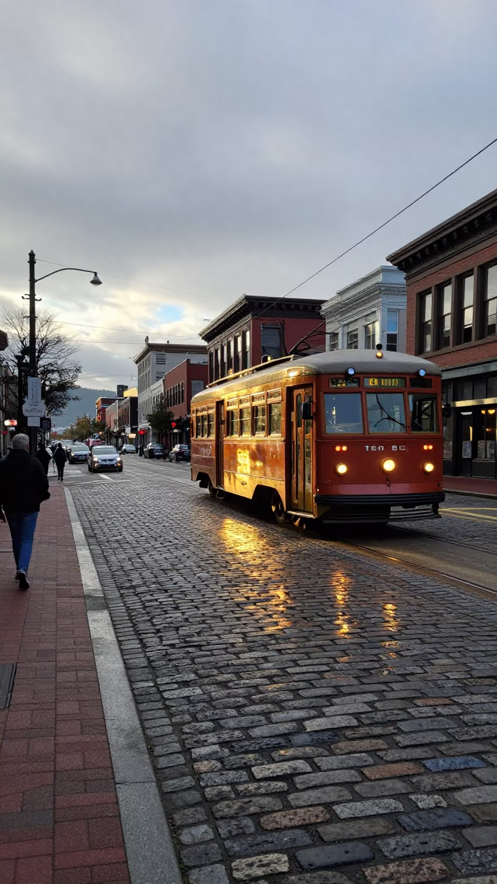 Busy Portland Oregon Street Scene First Light Tramcar Reflection Cobblestones Rain in in Portland, Oregon, United States