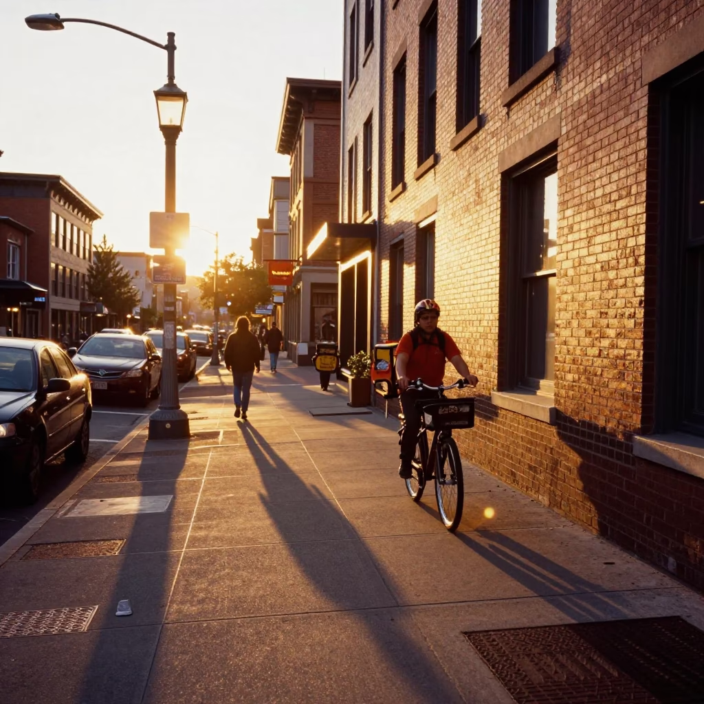 Busy Portland Oregon Street Scene in Honeyed Evening Light with Local Details in in Portland, Oregon, United States