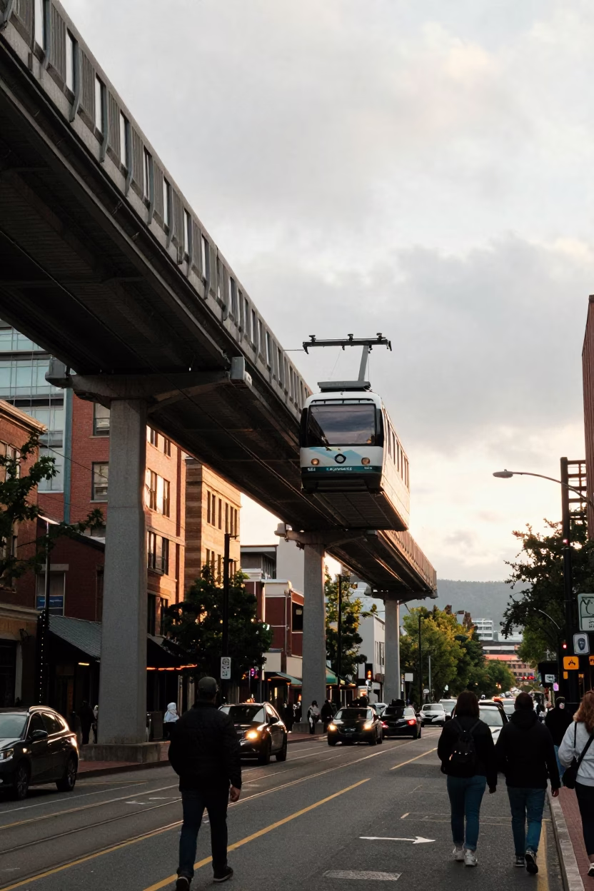 Busy Portland Oregon Street Scene Late Afternoon with Monorail and Local Commerce in in Portland, Oregon, United States