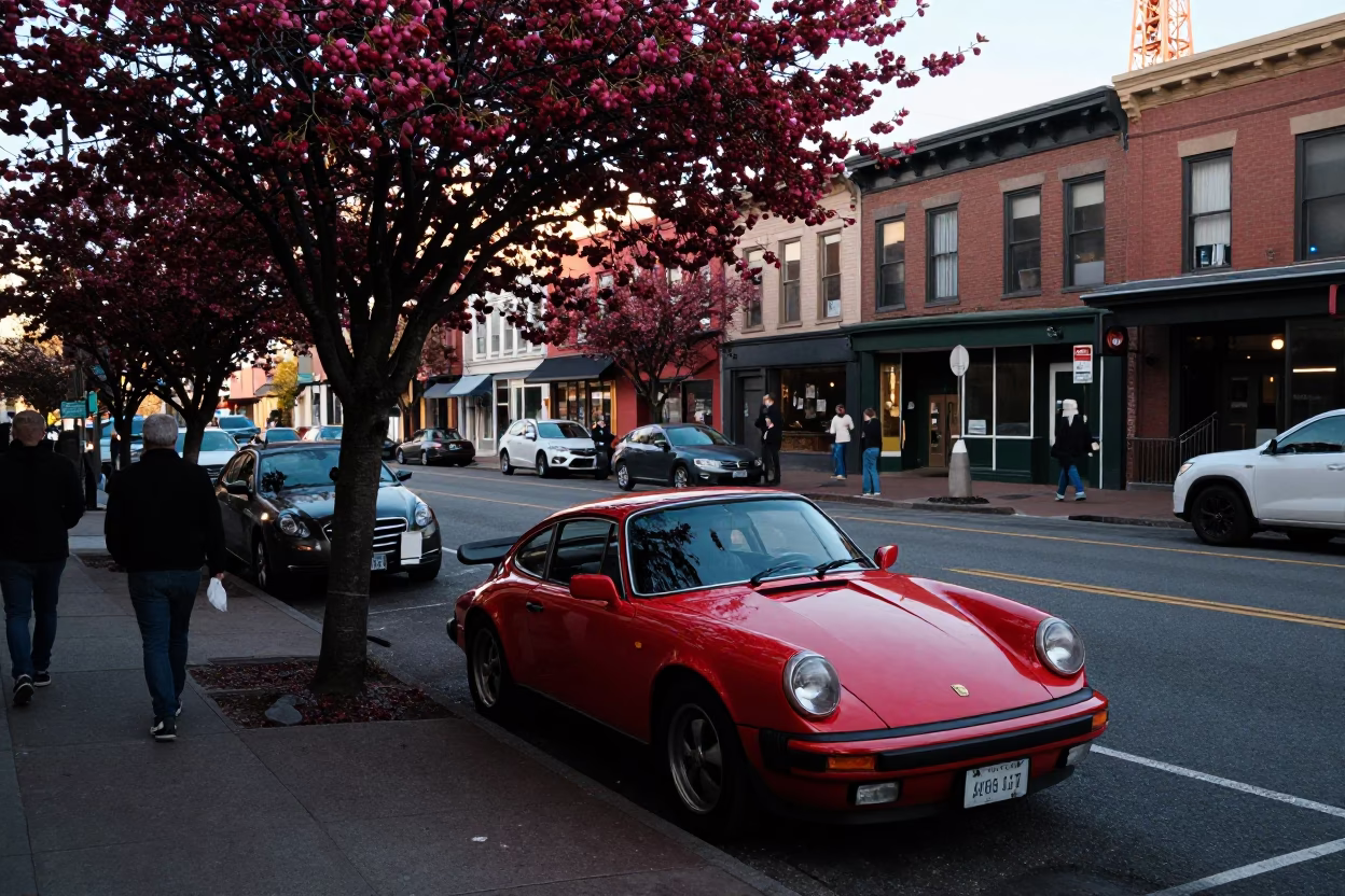 Busy Portland Oregon Street Scene Late Morning with Cherries and Vintage Red Sports Car in in Portland, Oregon, United States