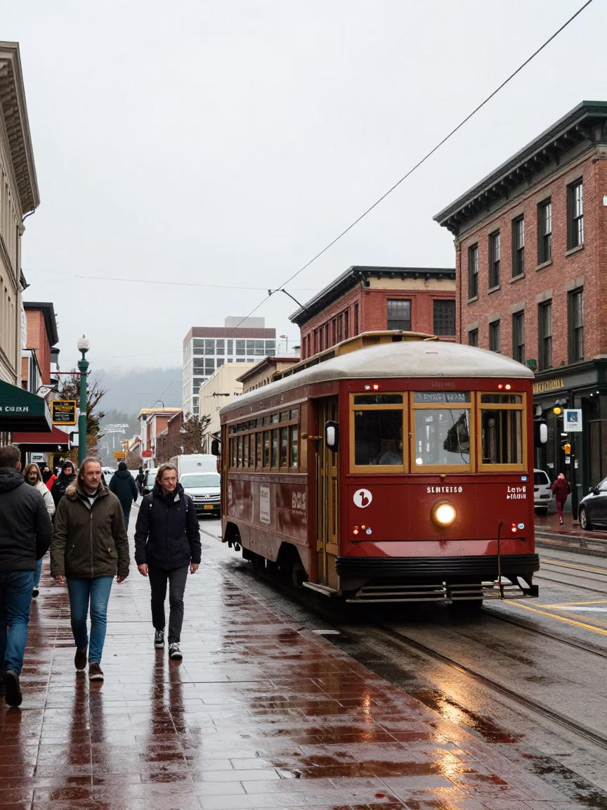 Busy Portland Oregon Street Scene Midday with Heritage Tram and City Life in in Portland, Oregon, United States