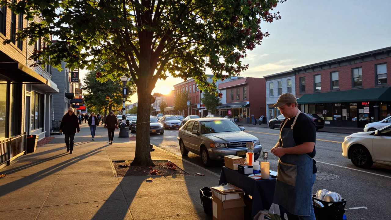 Busy Portland Oregon Street Scene with Chestnut Tree and Apron Wearing Vendor at Sunset in in Portland, Oregon, United States