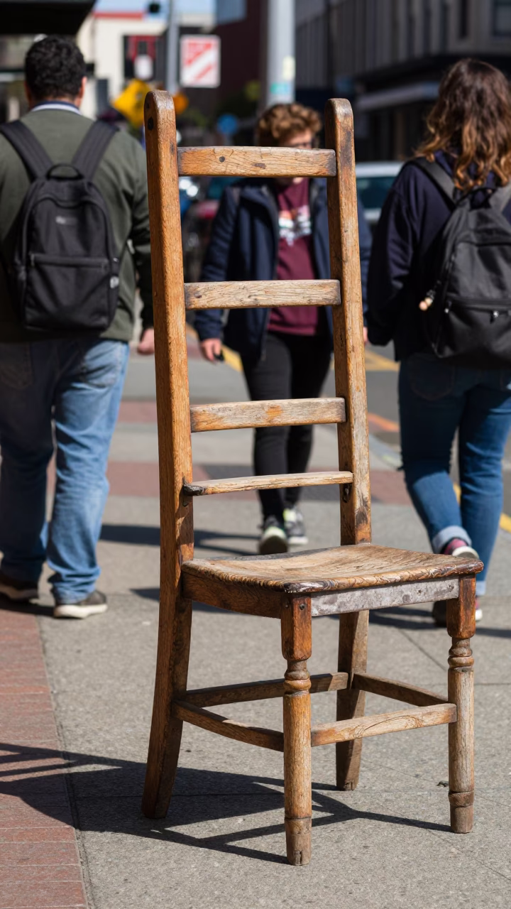 Busy Portland Oregon Street Scene with Ladder Back Chair and Local Life in in Portland, Oregon, United States